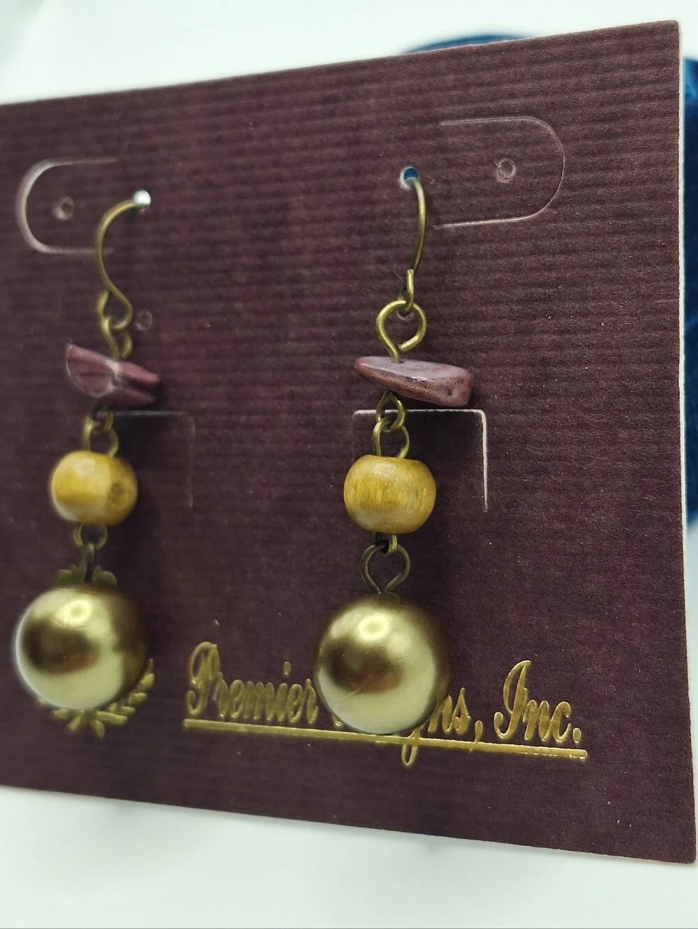 Premier Designs Bronze Pearl & Wood Bead Dangle Earrings | Boho Rustic Jewelry